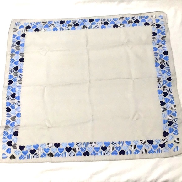 Blue & black patterned hearts border white silk scarf EUC - Picture 1 of 4